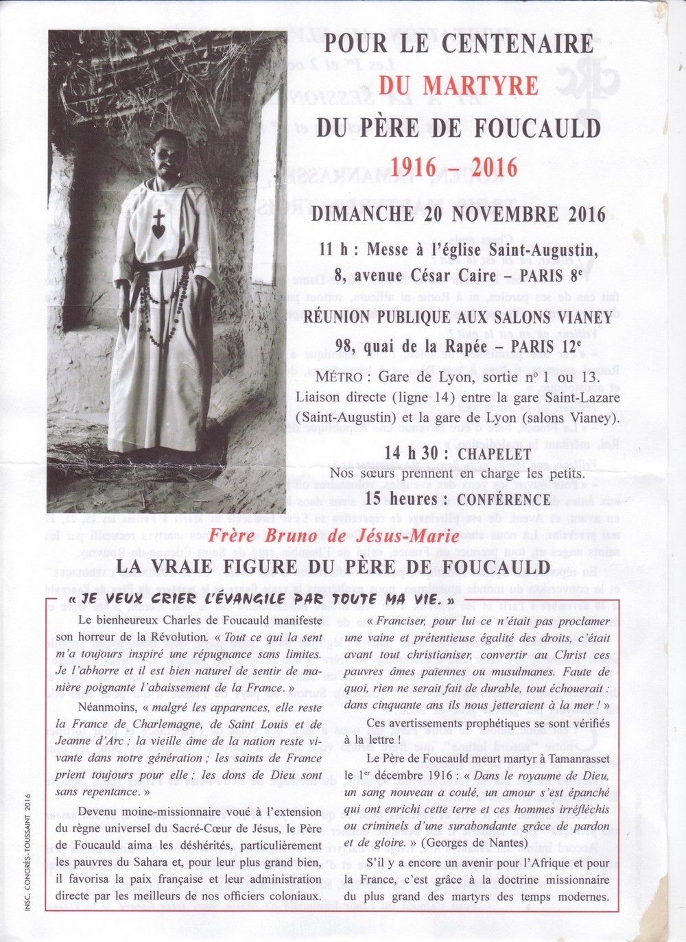 Centenaire du martyre du père Charles de Foucauld 1916-2016